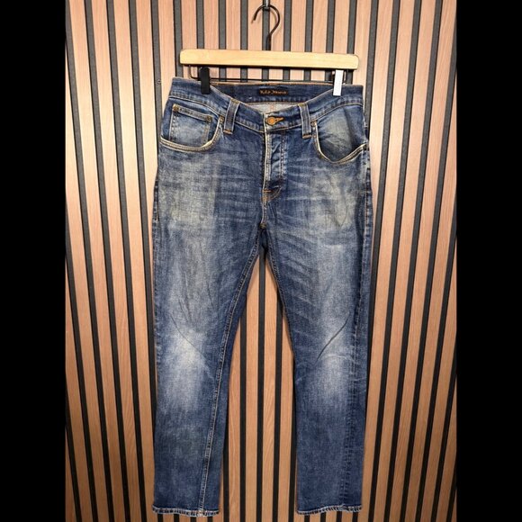 Nudie Jeans 33 x 32 Mens Blue Grim Tim Button Fly Crushed Denim 5 Pocket - Picture 1 of 11